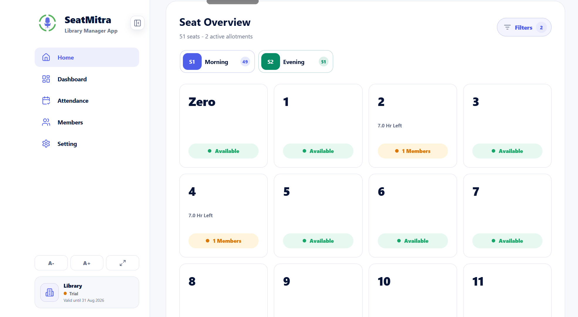 SeatMitra web dashboard showing the seat overview